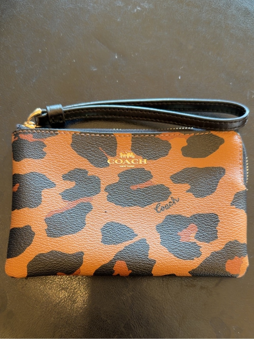 Coach Leopard Print Zip Wristlet Tan Black Gold Hardware